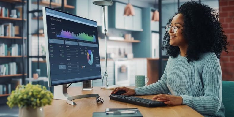 Woman working on computer in home office, analyzing data on a large monitor, emphasizing the importance of reliable power supply for home office productivity.